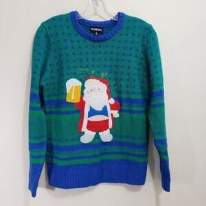 Carbon ugly Christmas sweater‎ with drunk Santa Claus holding a beer men's small